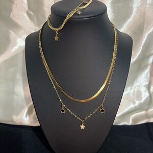 New double chain Gold Star Charm Necklace and Bracelet Set